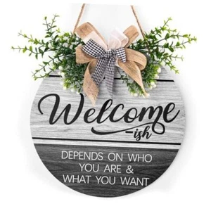 Welcome Sign for Front Door Sign Funny Wreaths Hanging Wooden 12 x 12 inch Grey - Picture 1 of 8
