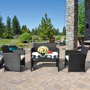 4PCS Rattan Patio Conversation Set Outdoor w/ Coffee Table Cushioned Sofa - Picture 1 of 10