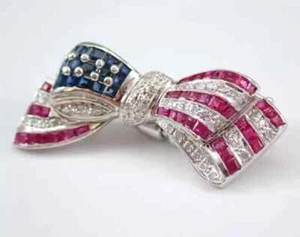 3Ct Princess Lab-Created Red Ruby AMERICAN FLAG Brooch Pin 14K White Gold Plated - Picture 1 of 5