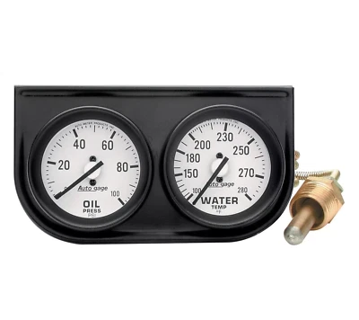 Auto Meter Gauge Set 2326  Auto Gage Oil Pres/Water Temp White, Black Panel Mech - Image 1 of 2