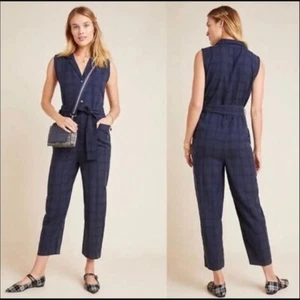NWT New Anthropologie Brielle Plaid Jumpsuit in Navy Sz Small - Picture 1 of 9