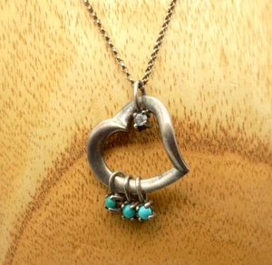 Sterling Silver Lenox Heart Pendant Necklace Danlge Turquoise 18" Chain - Picture 1 of 7