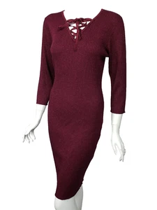 SAY WHAT Wine Metallic Ribbed Knit Lace-Up Neck 3/4 Sleeve Dress sz 1X NWT - Picture 1 of 3