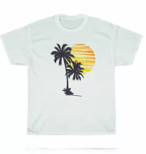 Vintage Retro Sunset Beach Palm Tree Coconut Summer Vacation Holiday T-Shirt NEW - Picture 1 of 4