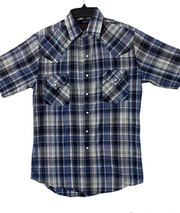 Camicia uomo Plains Western Wear piccola blu a quadri manica lunga misto perle a scatto - Foto 1 di 5