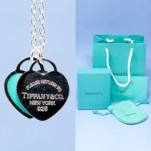 Tiffany & Co. Necklace Silver Tone Blue Double Heart Tag Pendant With Gift Box - Picture 1 of 15