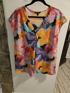Lauren Ralph Lauren Floral V Neck Blouse Top L Watercolor Print Short Sleeve - Picture 1 of 8