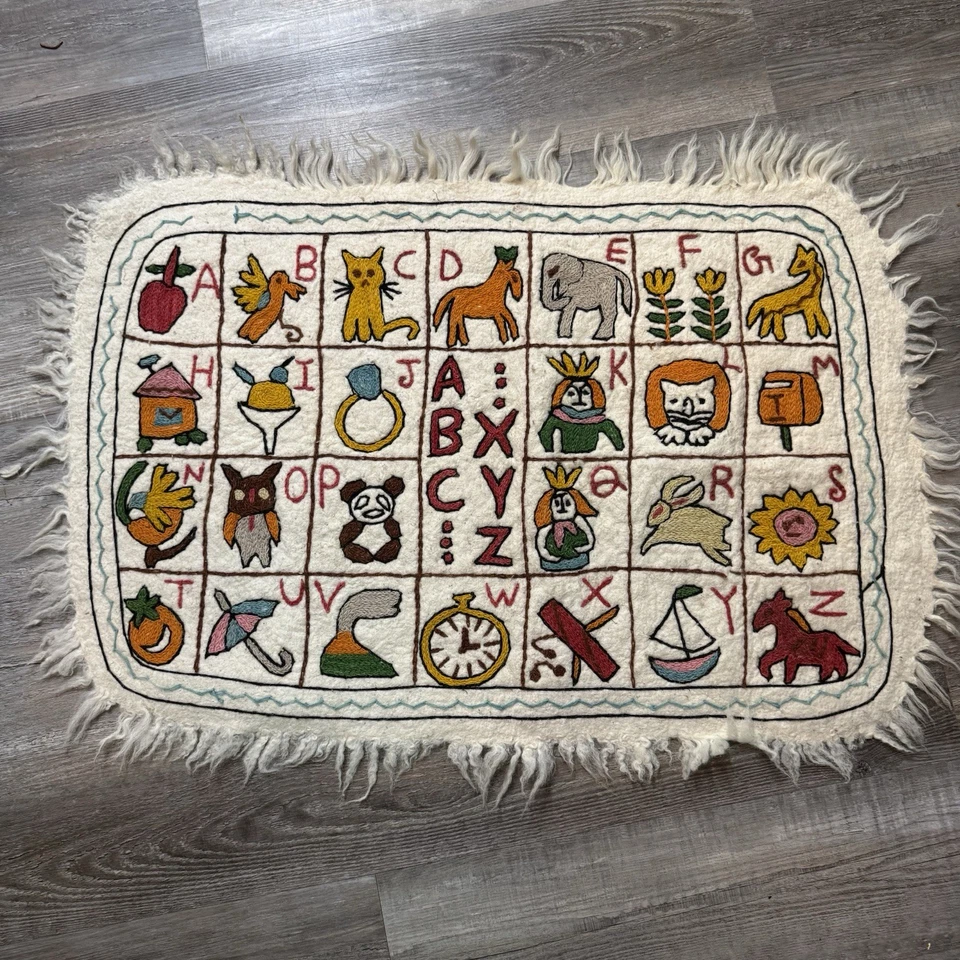 India Kashmir Namda Wool Felted Folk Art Alphabet 36“ X 23” Or Rug Animal ABC - Image 1 of 4