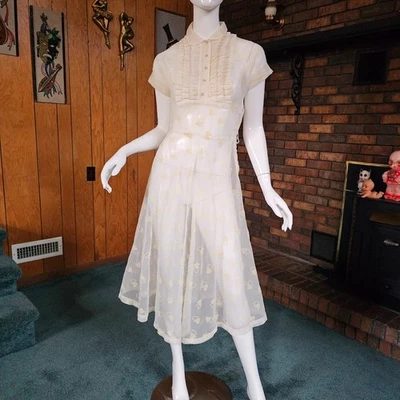 Vtg 40s Tuxedo Ruffle Novelty Hearts Print Sheer Organza Wedding Prom Dress XS/S - Image 1 of 4