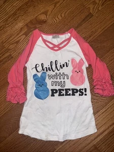  Girls 3/4 Sleeve Chilling With My Peeps Shirt With Pink Sleeves And Ruffles - Picture 1 of 1