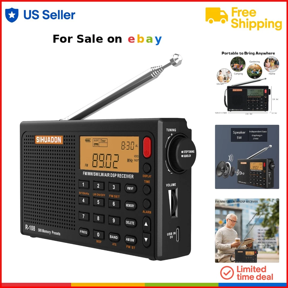 Portable Shortwave Radio AM FM SW LW Airband DSP Battery USB Headphone - Image 1 of 4