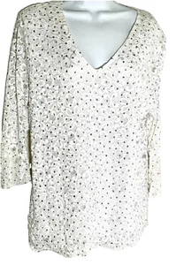 Y2K Vtg  Brittany Black Woman 1X Floral All Over Top Lace Mesh White Shimmer USA - Picture 1 of 12