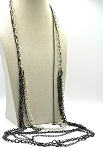 Multi Strand Black And Silver Tone Chain Link Long Layered Necklace - Picture 1 of 22