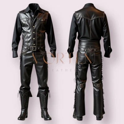 Conjunto de traje de cuero de motociclista negro para hombre chaleco camisa y pantalones | Vaquero de piel de cordero genuina Foto 1 de 4