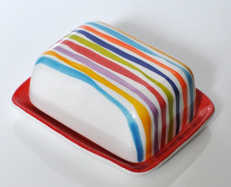 BASSANO KERAMIK  kleine  Butterdose BUNTE LINIEN Rot MEDITERRANES GESCHIRR - Bild 1 von 2