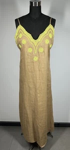 New Zara Dress Womens Size M Embroidered Linen Maxi Beige Green V-Neck Strappy - Picture 1 of 15