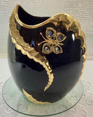 Bruno Costenaro Ceramic Black Gold Vase Swarovski Crystals Butterfly Limoges sty - Image 1 of 4