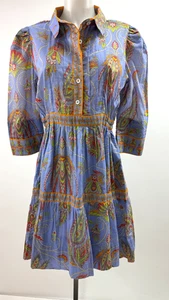 Gretchen Scott 3/4 Sleeve Blue Cotton Paisley Print Shirt Dress Size S - Picture 1 of 6