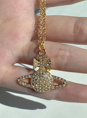 Vivienne Westwood Full Crystal Bas Relief Pendant Necklace Gold CZ - Image 1 of 4