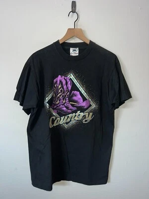 Vintage Country Shirt Cowboy Hat Boots Music Black Pink Graphic Tee Large 90s 19 - Image 1 of 4