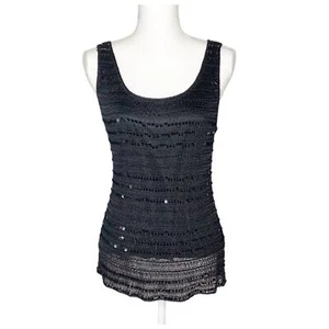 S.M. Camiseta sin mangas de cuello redondo con lentejuelas y cuentas de ganchillo negra de colección grande para mujer - Imagen 1 de 5