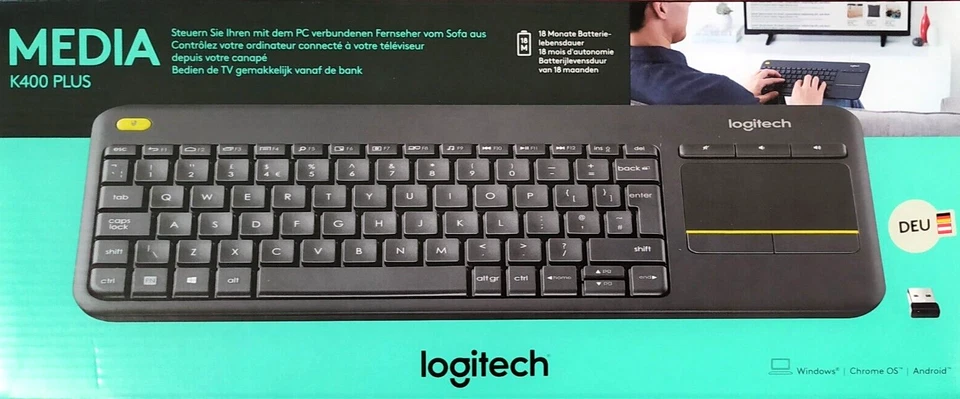 Logitech K400 Plus Funk Tastatur DE Touchpad Maustasten für Smart TV Fernseher - Bild 1 von 1