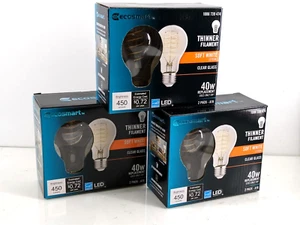EcoSmart LED Thinner Filament Light Bulbs 6W 450LM 2700K A19 3-Pack of 2 Bulbs - Picture 1 of 7