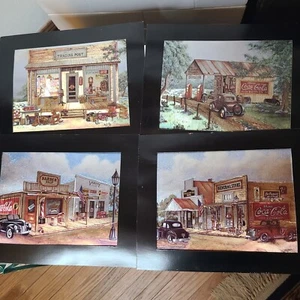 COKE COLA FOIL PRINTS Gas Station Cars People Grocery Store Lot of 4 - Picture 1 of 10