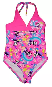 🐼 Girl's 6 Pink Surfing Panda Floral 🌺 1 Piece Swim Suit New S Tropical Beach - Picture 1 of 4