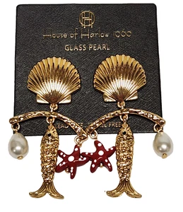 House of Harlow 1960 Glass Pearl Fish Starfish Earrings Lead Safe Nickel Free - Picture 1 of 3