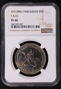 AH1388 1968 Sudan 25 Ghirsh Coin PROOF LIKE FAO - NGC PL 66 - Picture 1 of 2