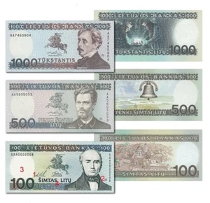 LITHUANIA 1991 500 Litu P-51, 1991 1000 Litu P-52, 1994 100 Litu P-50  UNC  Set - Picture 1 of 2