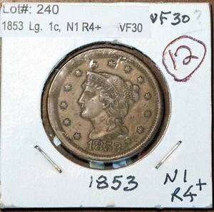 1853 Large Braided Hair Cent N1 R-2 VF+ & Bonus - Picture 1 of 2