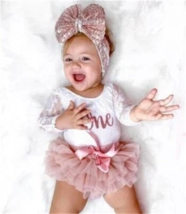 Newborn Baby Girl Clothes Lace Ruffle Outfits Romper Dress Jumpsuit Headband Set - Picture 1 of 10