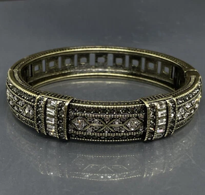 Heidi Daus Bangle Hinged Bracelet Bronze Tone Gray & White Crystals 7in Signed✨ - Image 1 of 4