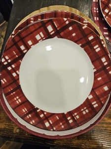 OH DEER BIA CORDON BLEU 2sets Of 4 HOLIDAY SALAD PORCELAIN PLATES BRGANDY Plaid - Picture 1 of 6