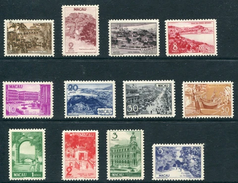 Macao, Scott 324-35, Mint Hinged, Pagoda 1948 - Some with Hinge Remnant Cover