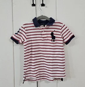 Ralph Lauren Boys Red and White Striped Polo Shirt with Navy Accents Size 6 - Picture 1 of 4