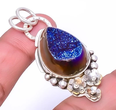 Titanium Peacock Agate Drusy 925 Sterling Silver Israeli Pendant 2.11" A390 - Image 1 of 4