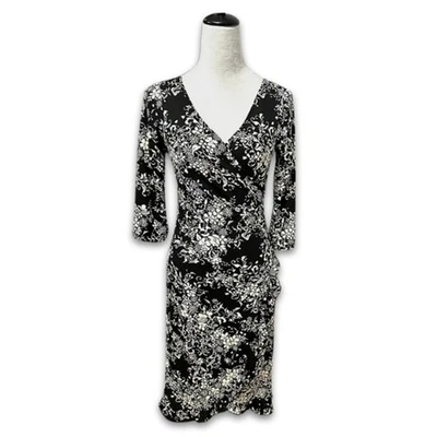 La Belle Midi Dress Wrap Style High Low V-Neck Lightweight Floral Black W Small - Image 1 of 4