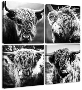 Highland Cow Wall Art Farmhouse Decor Canvas Printed Black and White Cow Pict... - Picture 1 of 7