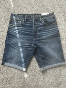 American Eagle AirFlex+ Denim Jean Shorts + At Knee Cuffed Blue Mens 34" NWT - Picture 1 of 4