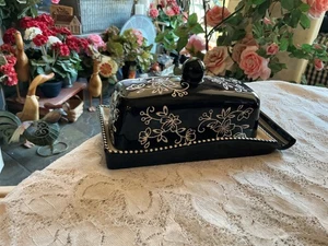 Temp-tations Floral Lace Black Butter Dish ~ Tray With Spreader Holder - Picture 1 of 6