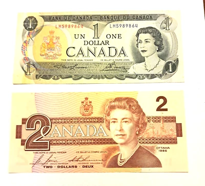 (1) 1973 $1 & (1) 1986 $2.CU notas canadenses - Imagem 1 de 2