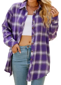 Plaid Flannel Shirts for Women Oversized Long Sleeve Button down Shirts Blouses - Picture 1 of 12