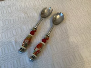 Aluminum Salad Serving Set Fork Spoon ceramic Beaded Handle Utensil - Picture 1 of 10