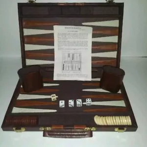 Vtg Backgammon Game Board Set 18"X23" Faux Leather Brown Stripe Case Dice & Book - Picture 1 of 2