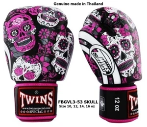 Twins Special BOXING GLOVES FBGVL3-53 Muay Thai Fancy SKULL PINK/BLACK, 10-16oz - Picture 1 of 10
