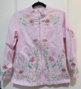QUACKER FACTORY STRETCH JACKET PINK BEADED EMBROIDERY FLOWERS BUTTERFLIES MEDIUM - Picture 1 of 8