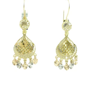14K Gold Chandelier Earring, Fine Yellow White And Rose Diamond Cut Earrings - Picture 1 of 5